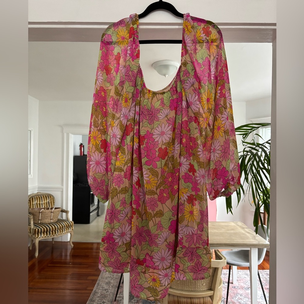 Show Me Your MuMu Pink and Green Floral mini dress with sleeves
